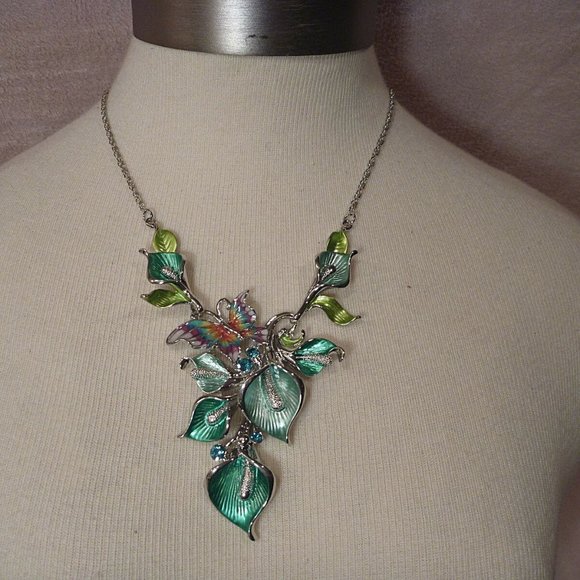 Silver tone Set Earrings Necklace Floral Enamel - Picture 2 of 8